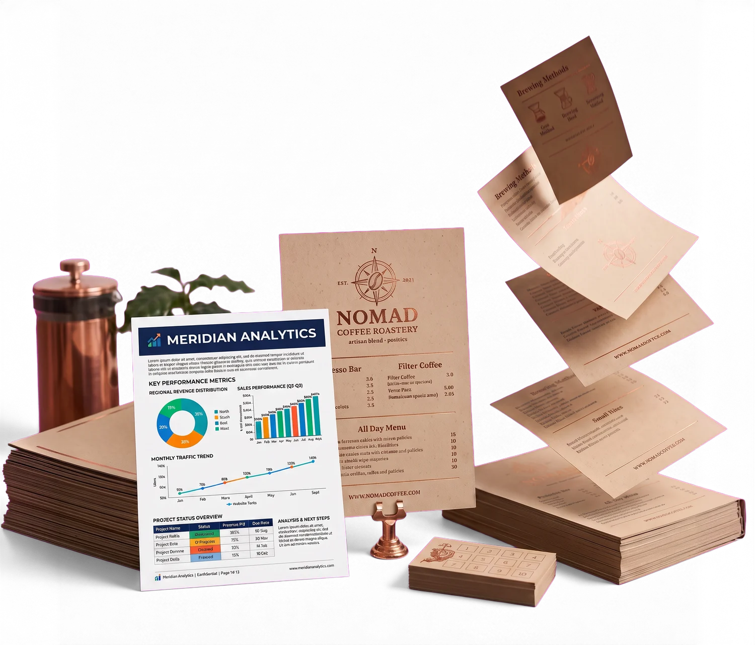 Meridian Analytics report page standing among stacks of Nomad Coffee Roastery menus and fanning prints